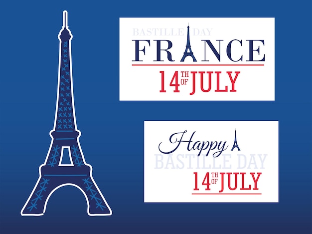 Vector happy bastille day eiffel tower cards