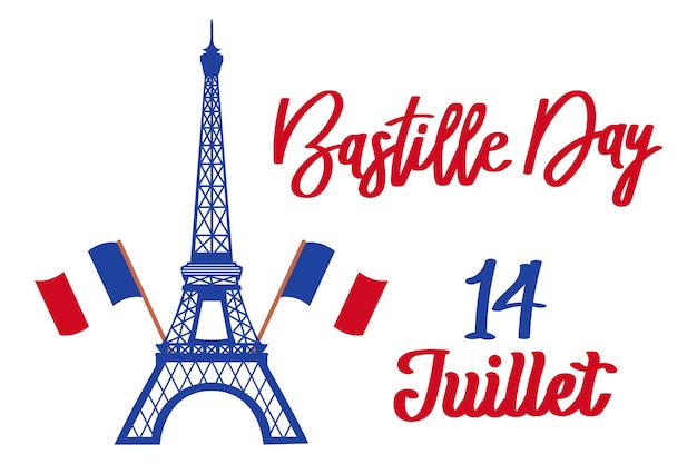 Happy bastille day francia festa nazionale poster torre eiffel e lettere scritte a mano