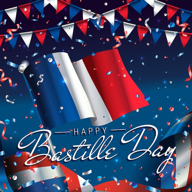 Vector happy bastille day with flag and fireworks