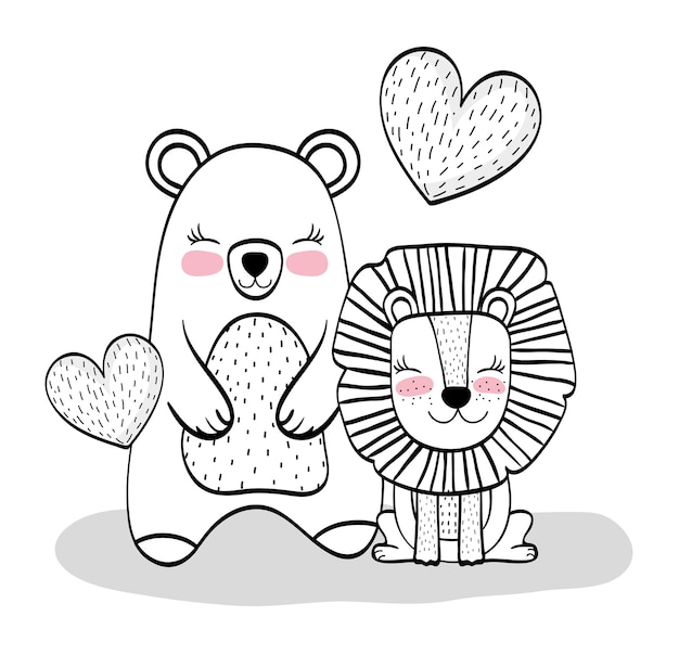 Happy bear and lion animals with hearts