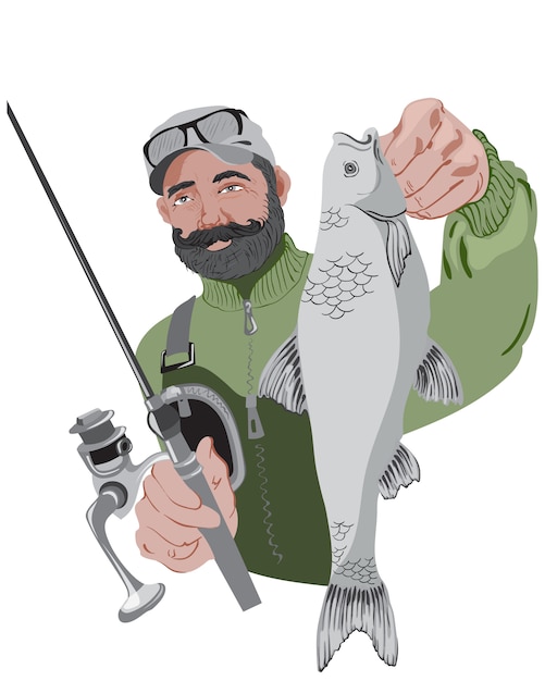 Vector happy bearded fisherman holding his fishing rod and a fish. wearing green sweater