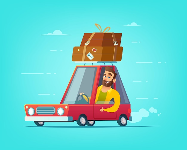 Vettore felice uomo barbuto alla guida di un'auto vacanza in un'illustrazione del concetto di viaggio
