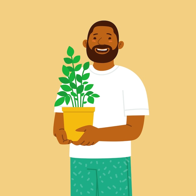 관엽식물을 손에 들고 냄비를 들고 있는 행복한 수염 난 남자 취미 식물과 꽃 재배