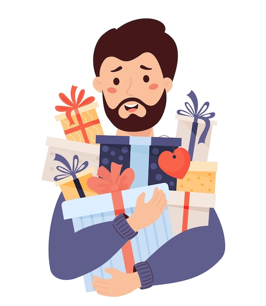 Happy bearded man holds many gifts and boxes in his hands