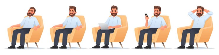 Вектор счастливый бородатый мужчина сидит в кресле бизнесмен спит, работает ноутбук читает новости в смартфоне