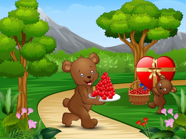 Happy bears celebrating a valentine day in the garden