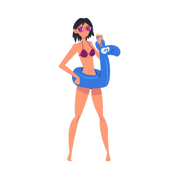 Vector happy beautiful brunette woman in bikini standing with inflatable rubber ring cartoon style vector illustration on white background