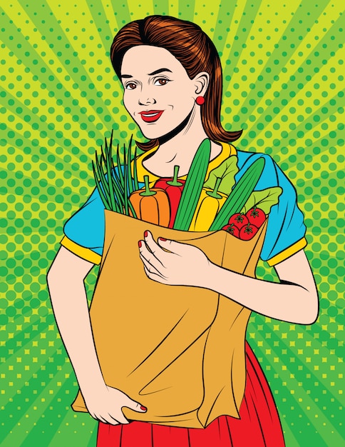 Vector happy beautiful girl doing grocery shopping