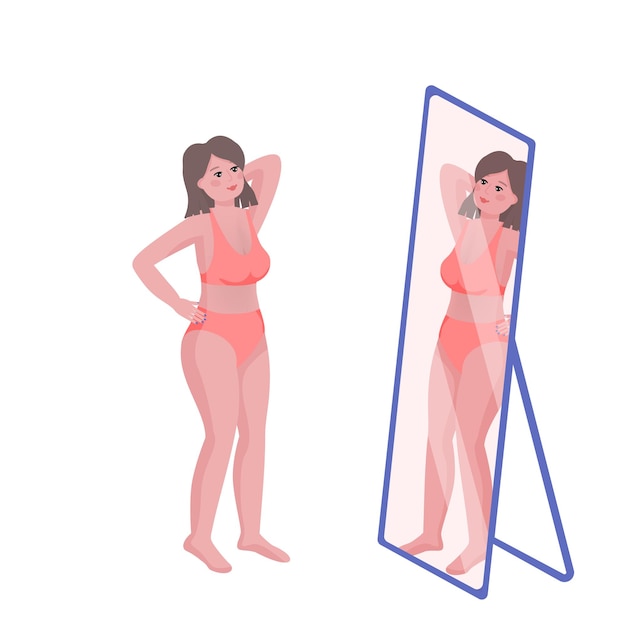 happy beautiful woman looking to mirror selflove and acceptance concept self perception