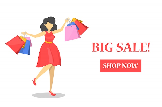 Vector happy beautiful woman in red dress with shopping
