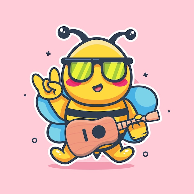 Vector happy bee animal character mascot playing guitar isolated cartoon