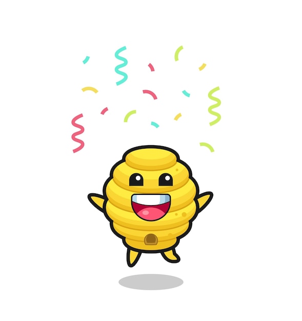 Happy bee hive mascot jumping for congratulation with colour confetti cute design