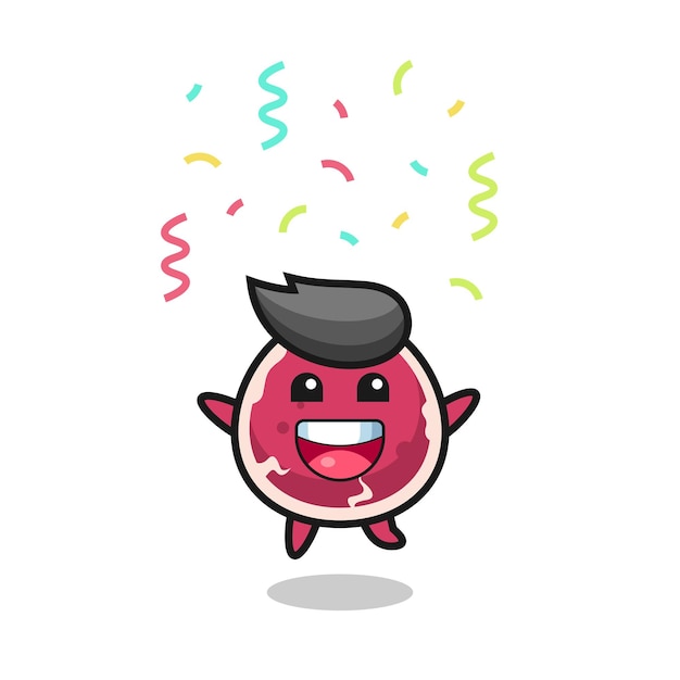 Happy beef mascot jumping for congratulation with colour confetti