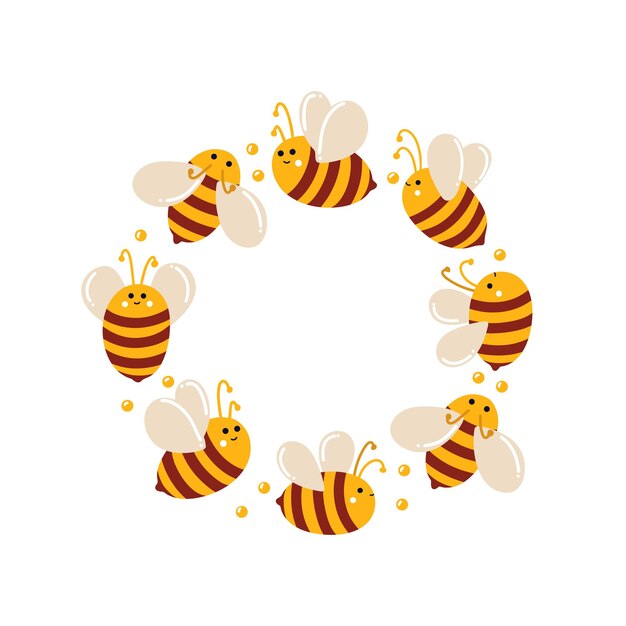Vector happy bees fly in circle in cute illustration cute illustration for website children design