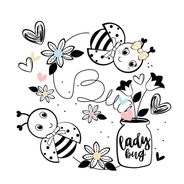 美しい花の庭のベクトル図で幸せな蜂