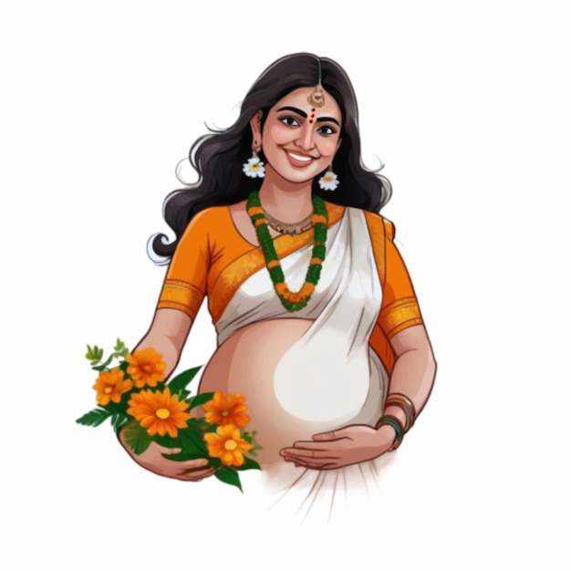Счастливая бенгальская беременная женщина обнимает свой живот с белым фоном векторной иллюстрации