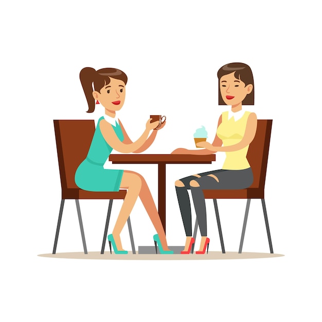 Счастливые лучшие друзья пьют кофе в кафе, часть серии иллюстраций дружбы