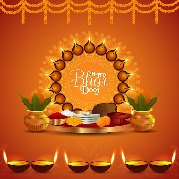 Vector happy bhai dooj creative puja thali and kalash and diya