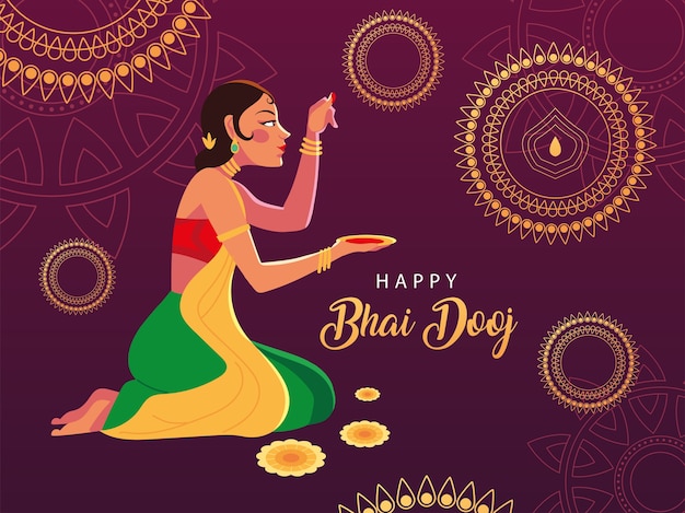 Happy bhai dooj and indian woman cartoon with bowl design, Festival and celebration theme