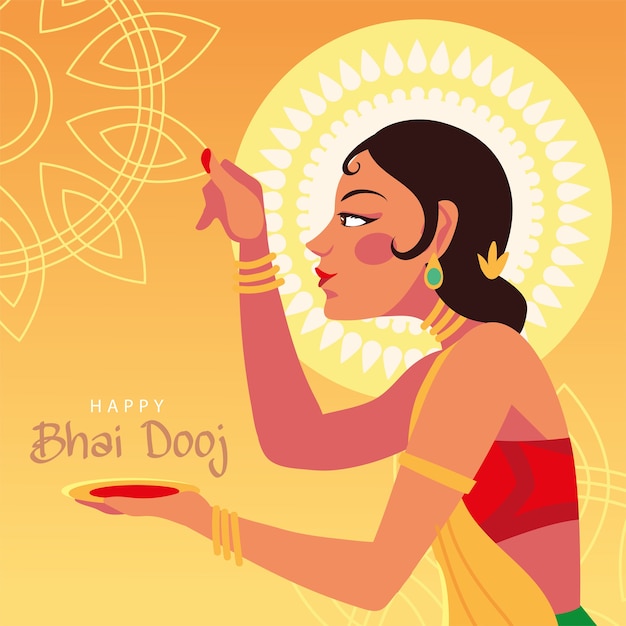 Happy bhai dooj and indian woman cartoon with bowl design, festival and celebration theme