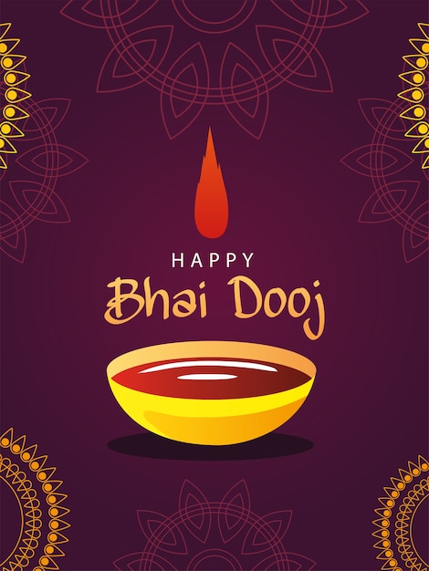 Happy bhai dooj with bindi drop bowl and mandalas design, festival and celebration theme