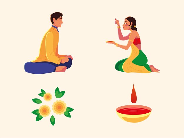 벡터 인도 남자와 여자 만화 dlowers 및 그릇 디자인, 축제 및 축하 테마와 함께 행복 bhai dooj