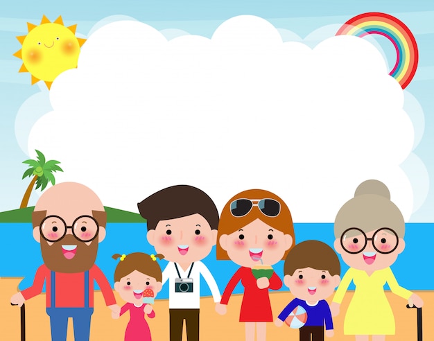 Grande famiglia felice alla spiaggia famiglia sulle vacanze estive che vanno alla spiaggia e che hanno il mare. illustrazione isolata personaggi dei cartoni animati dei bambini e dei genitori su estate.
