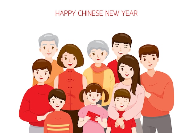 Vector happy big family standing together on chinese new year