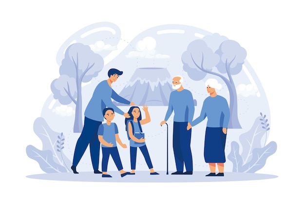 Happy big family standing together flat vector illustration Grandma grandpa mom dad children and pet