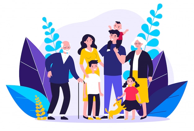 Happy big family standing together   illustration