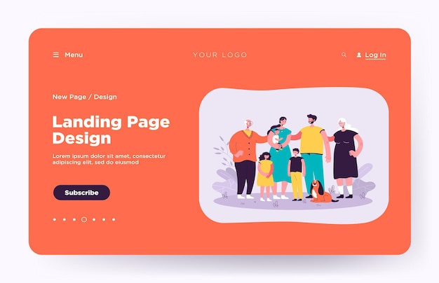 Happy big family standing together and smiling landing page