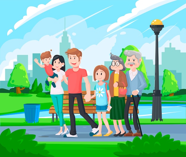 Счастливая большая семья гуляя в парк. День отца, семейный праздник, дочь и сын держат руку папы.
