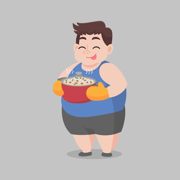 Vector happy big fat man cooking food holding rice in hot pot