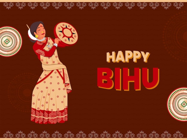 Concetto felice di celebrazione di bihu con la bella giovane donna di assam che gioca il tamburello dafli in abbigliamento tradizionale su fondo marrone