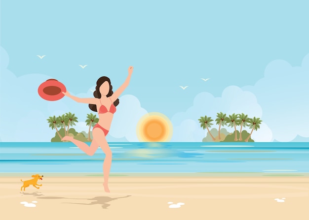 Счастливый бикини женщина прыгает от радости и успеха на пляже на тропический отдых