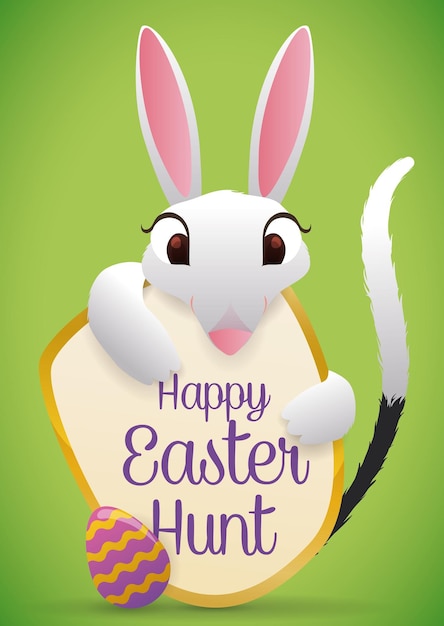 Vector happy bilby hugging a giant easter hunt reminder with golden frame and a paschal egg