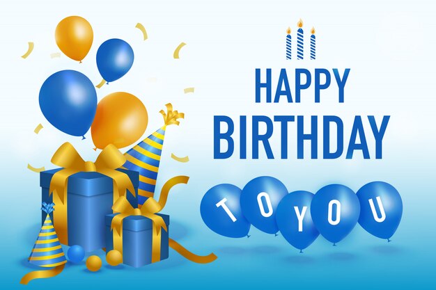 Vector happy birth day  illustration with blue present boxes, party hat and balloons