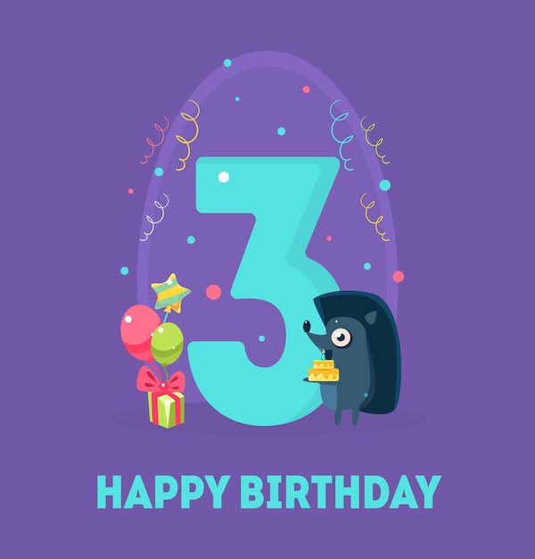 Happy birthday 3 years banner template birthday anniversary number bright festive vector illustration with cute animal web design