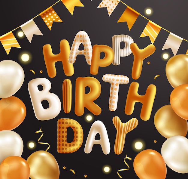 С днем рождения 3d текст вектор концепции дизайна. Празднование дня рождения с золотым букетом воздушных шаров.