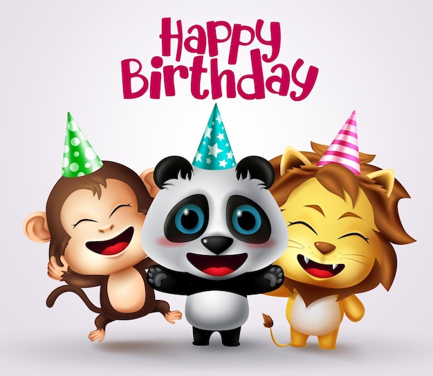 Vector happy birthday animal party characters vector design happy birthday text with animals friends