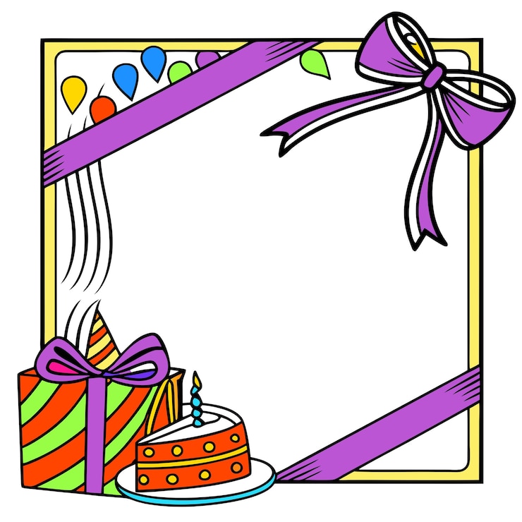 Vector happy birthday anniversary frame colorful handdrawn design with cake amp gifts