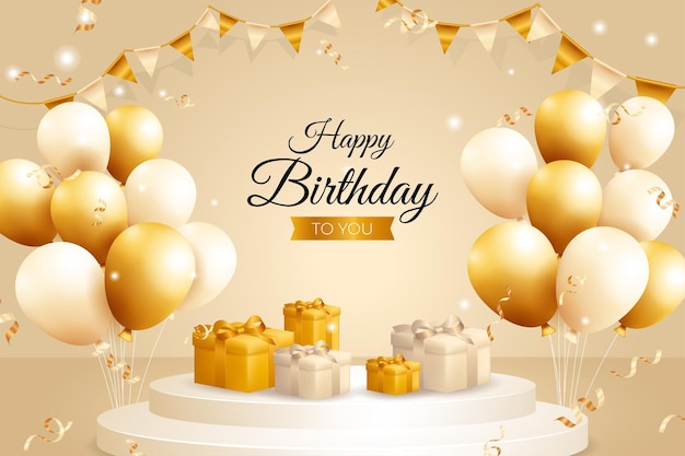 Vector happy birthday background design with realistic bunch of flying golden balloons