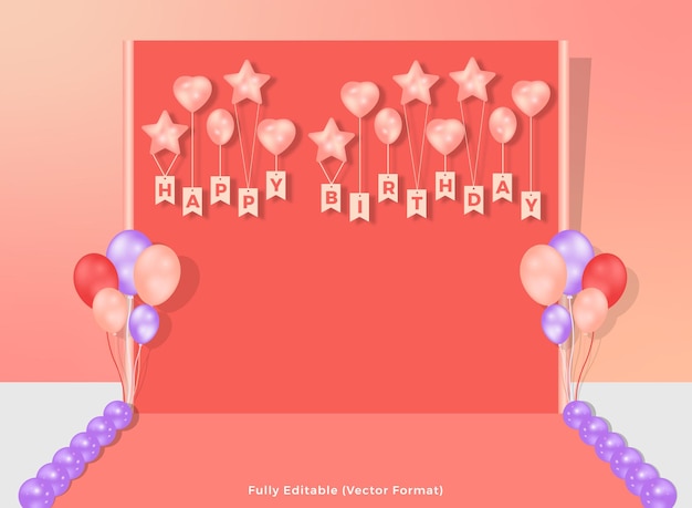 Happy birthday background in a pink room with balloons