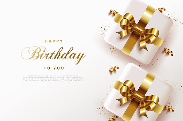 Happy birthday background with 2 gold ribbon gift boxes.