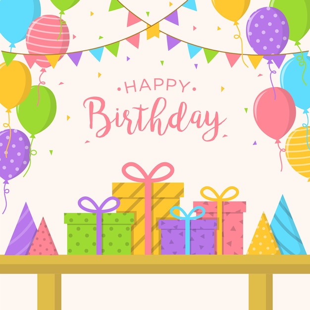 Vector happy birthday background with balloons and gifts box