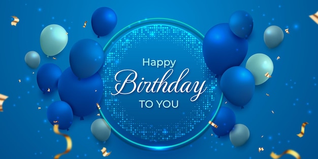 Vector happy birthday background with blue 3d realistic floating glossy balloons