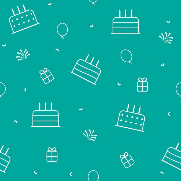 С днем рождения фон с тортами, воздушными шарами, подарочной коробкой и елью