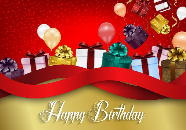 Happy birthday background with color balloons and gift boxes