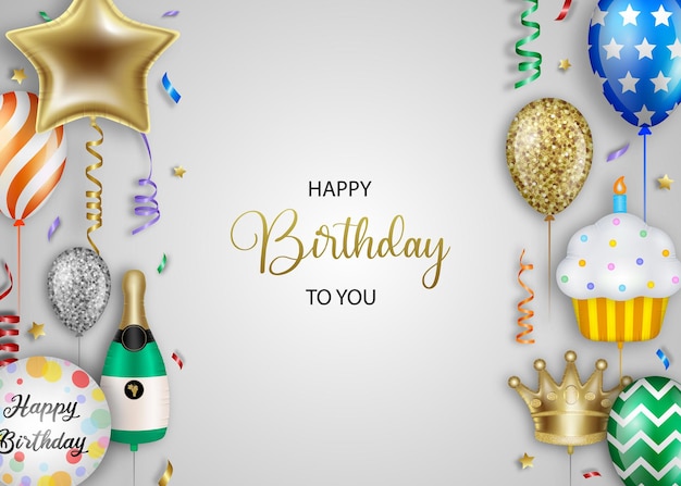 Happy birthday background with colorful balloons pennants and coriandoli