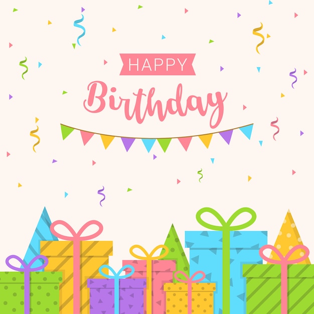 Vector happy birthday background with confetti and gifts box